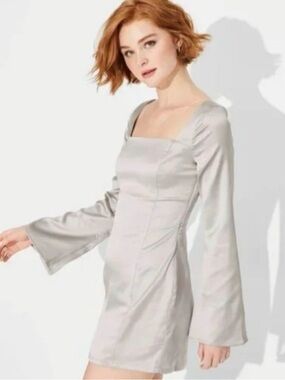 wild fable Silver Square-Neck Bell-Sleeve Mini Dress